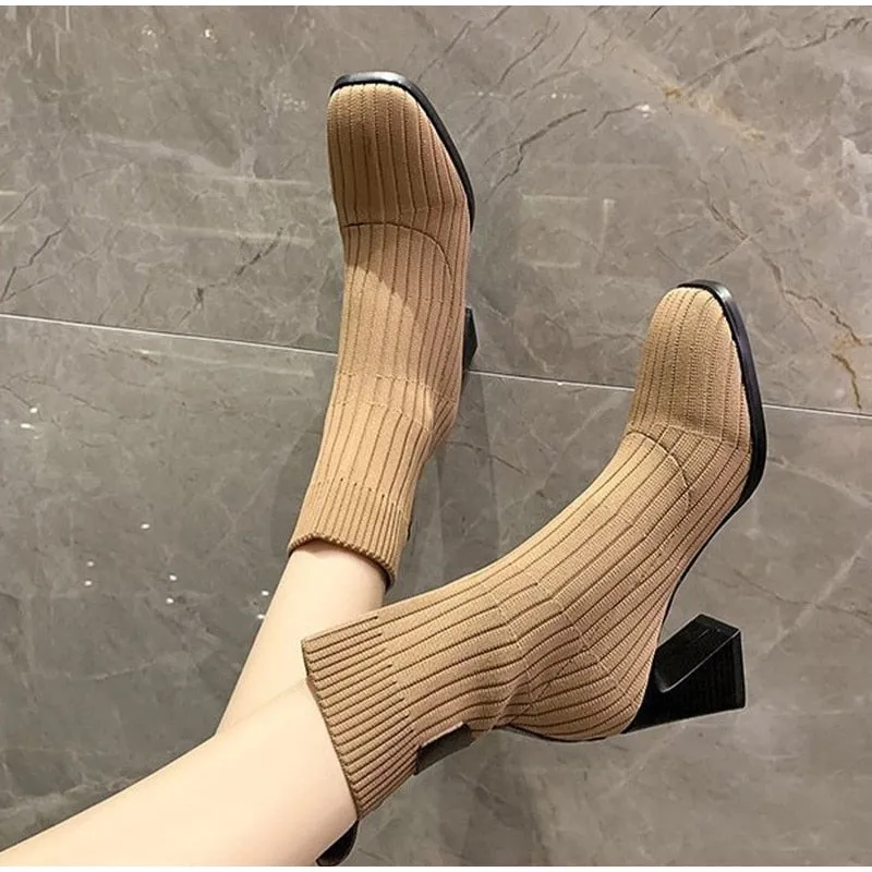 Women Knitted Ankle Boots Square Heel