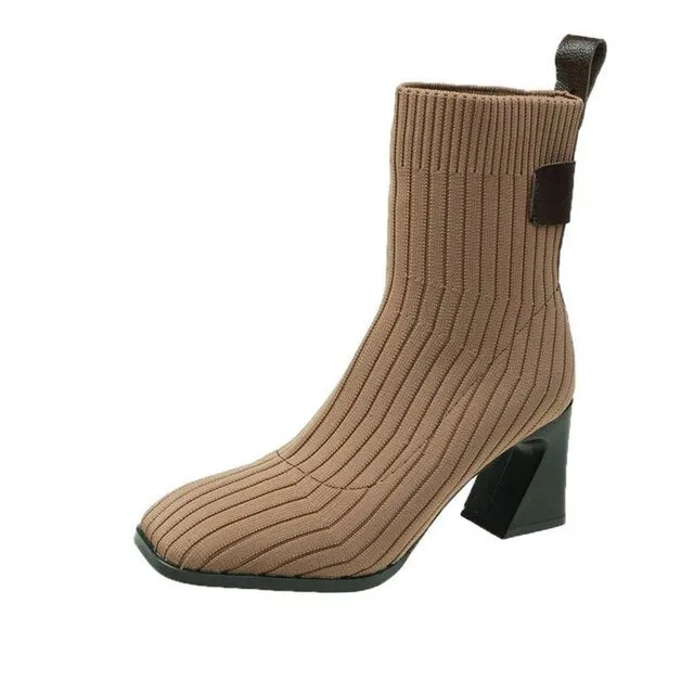 Women Knitted Ankle Boots Square Heel