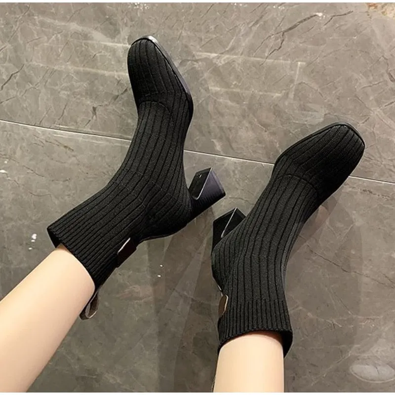 Women Knitted Ankle Boots Square Heel