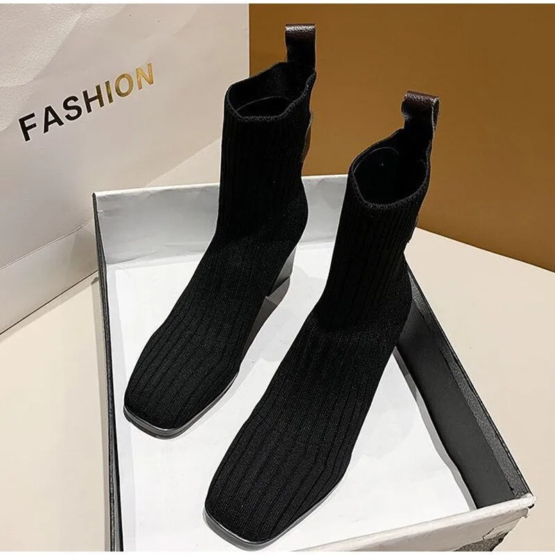 Women Knitted Ankle Boots Square Heel