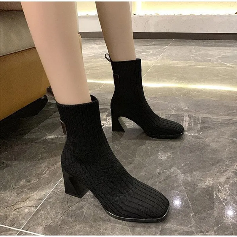 Women Knitted Ankle Boots Square Heel