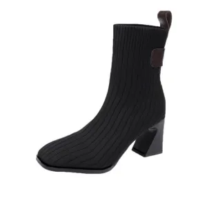Women Knitted Ankle Boots Square Heel
