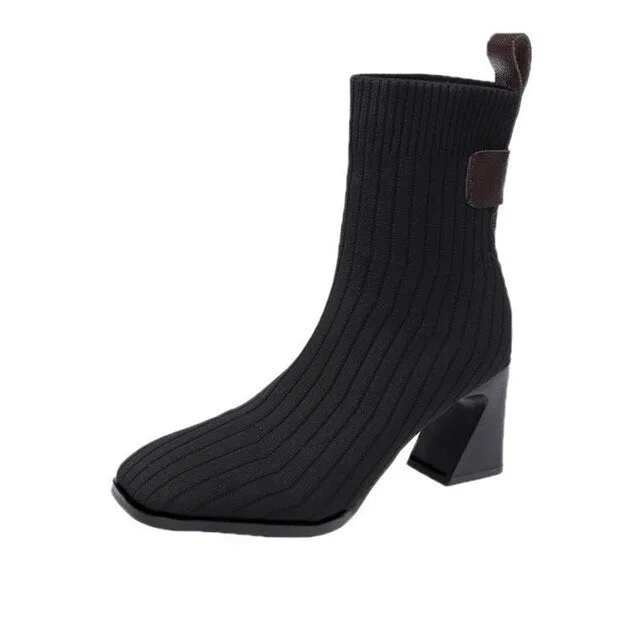 Women Knitted Ankle Boots Square Heel