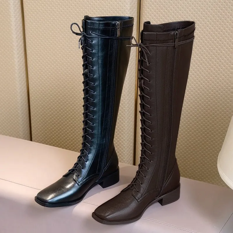 Women Natural leather cowhide upper cross straps elastic skinny boots