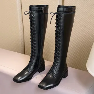 Women Natural leather cowhide upper cross straps elastic skinny boots