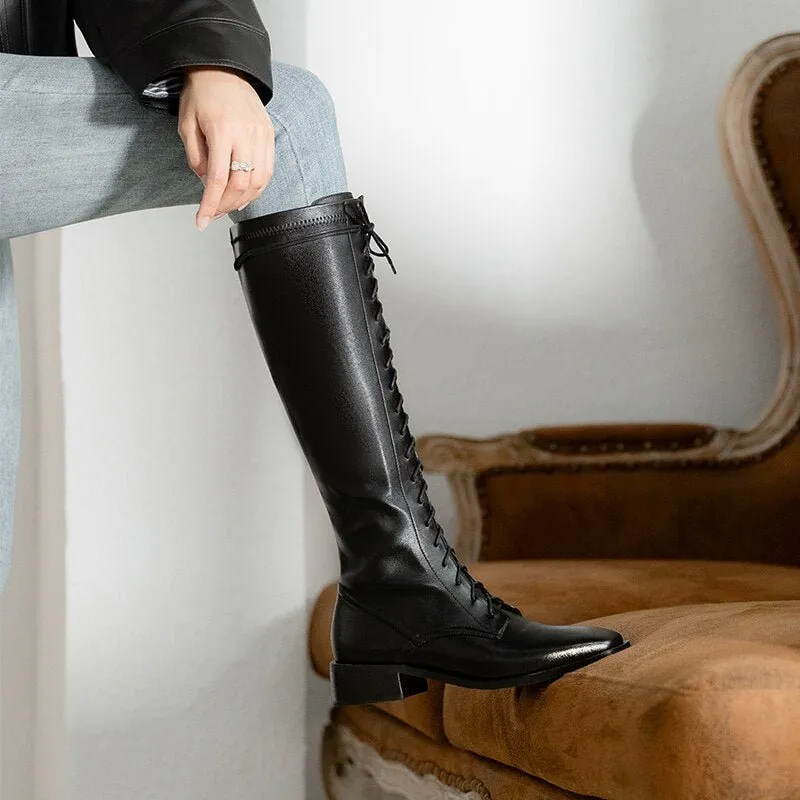 Women Natural leather cowhide upper cross straps elastic skinny boots