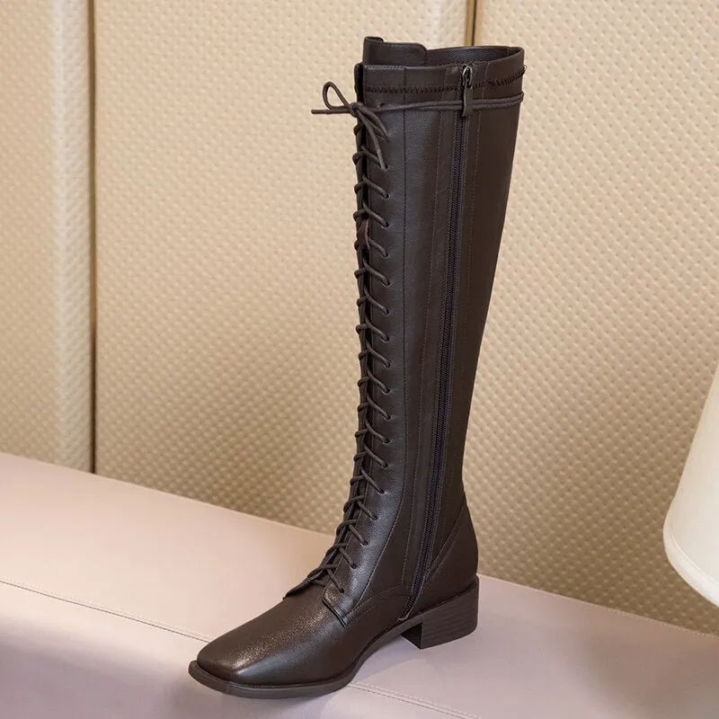 Women Natural leather cowhide upper cross straps elastic skinny boots