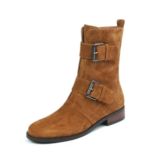 Women sheep suede modern boots side zipper double buckle short boots