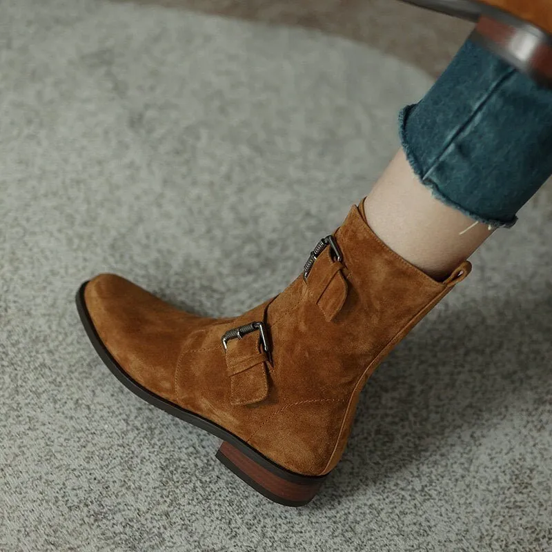 Women sheep suede modern boots side zipper double buckle short boots