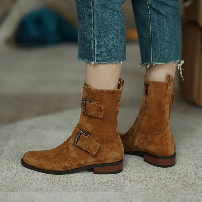 Women sheep suede modern boots side zipper double buckle short boots