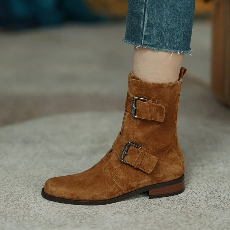 Women sheep suede modern boots side zipper double buckle short boots