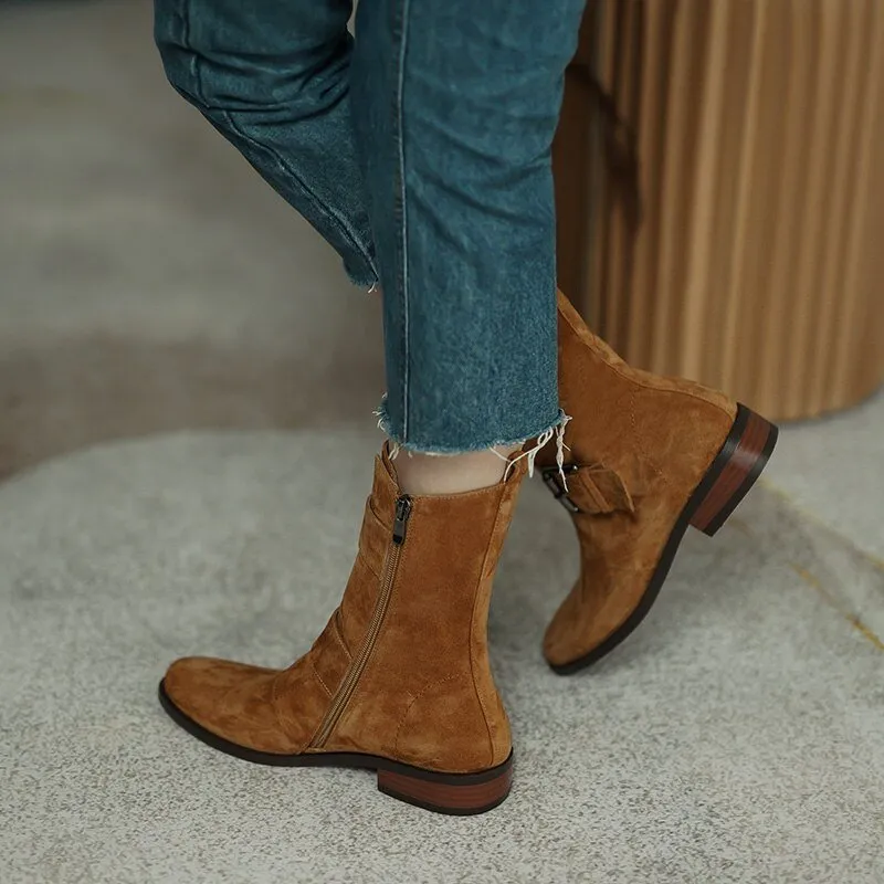 Women sheep suede modern boots side zipper double buckle short boots