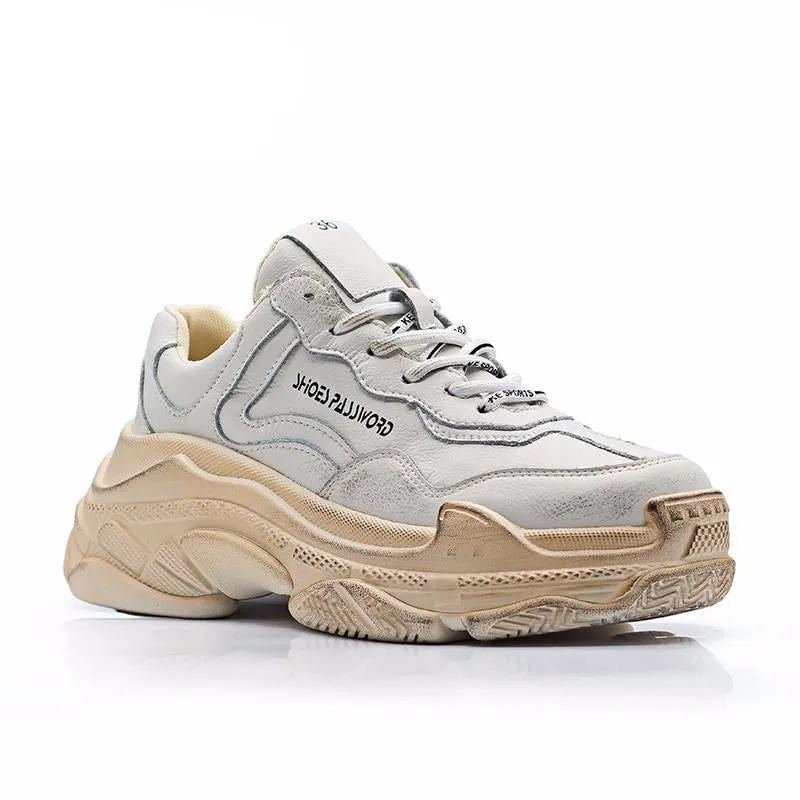 Women Sneakers Shoes Lace-up Urban Waxed Full Grain Leather Atheletic Women Shoes ft.Silver&Black Tones Oversize Outsole
