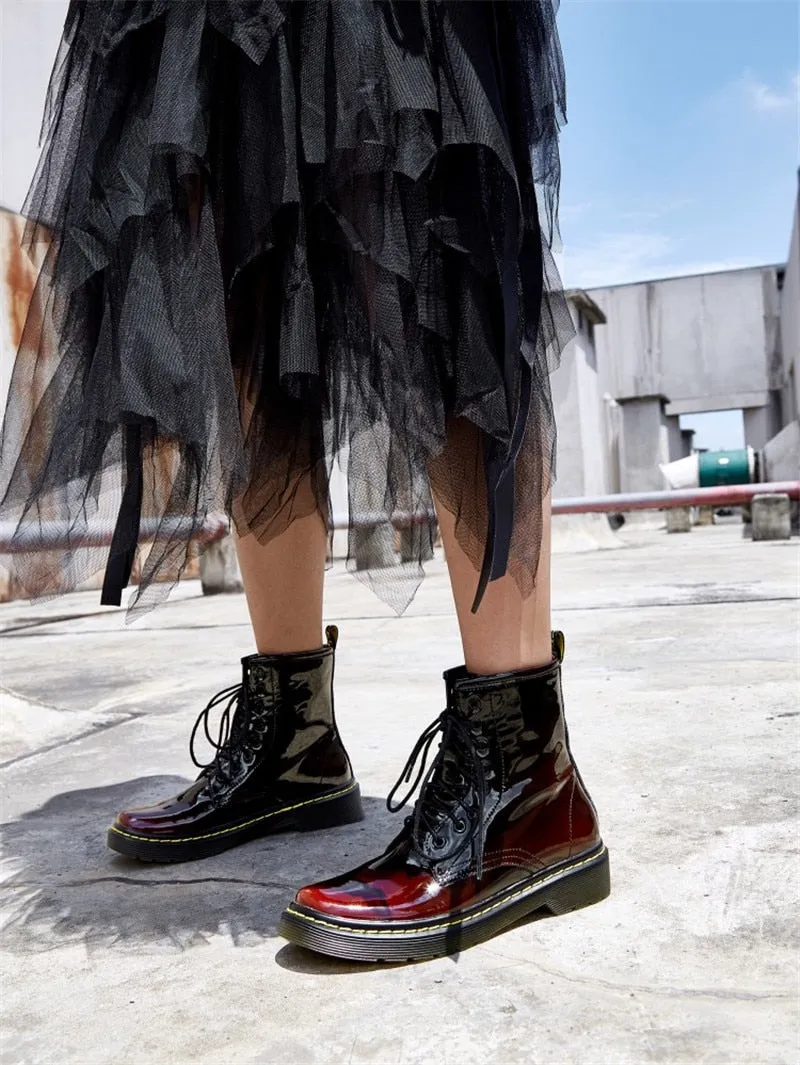 Women's Female Ankle Boots Shoes Winter Spring Genuine Leather Lace Up Shoes Punk Plus Riding Equestr