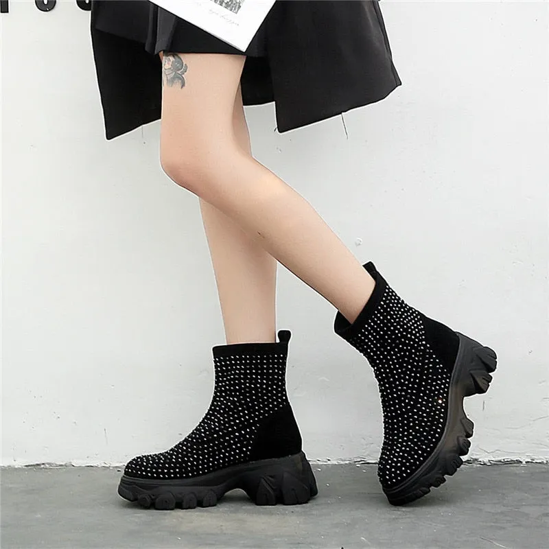 Women's Winter Boots Rhinestone Women Platform Boot  Fashion Stretch Warm Thick Sole Ladies Chunky Shoes Big Size