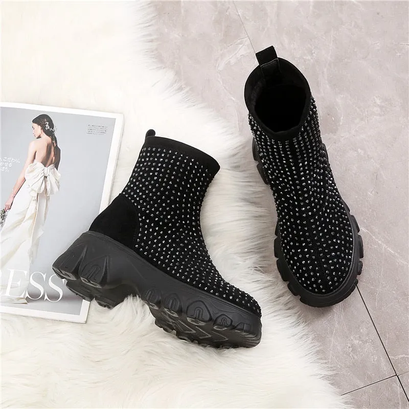 Women's Winter Boots Rhinestone Women Platform Boot  Fashion Stretch Warm Thick Sole Ladies Chunky Shoes Big Size