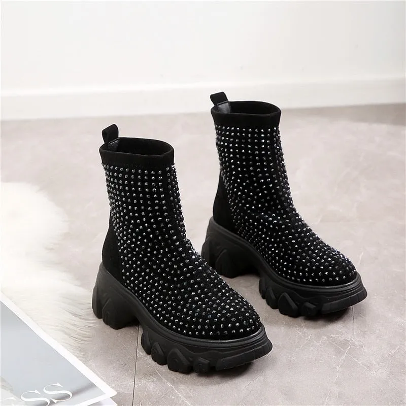 Women's Winter Boots Rhinestone Women Platform Boot  Fashion Stretch Warm Thick Sole Ladies Chunky Shoes Big Size