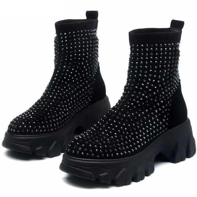 Women's Winter Boots Rhinestone Women Platform Boot  Fashion Stretch Warm Thick Sole Ladies Chunky Shoes Big Size