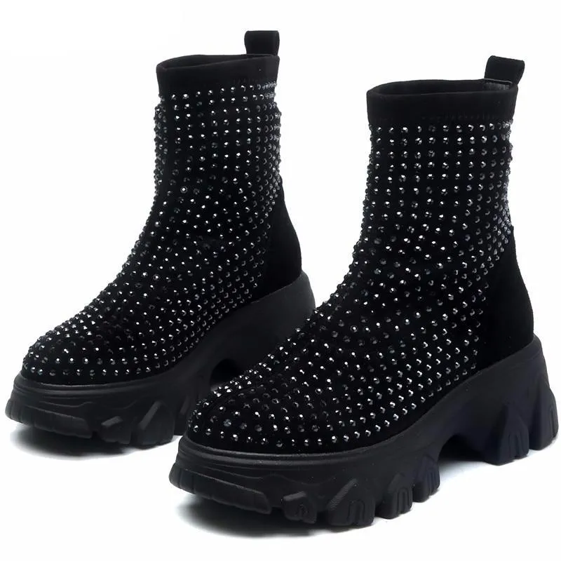 Women's Winter Boots Rhinestone Women Platform Boot  Fashion Stretch Warm Thick Sole Ladies Chunky Shoes Big Size