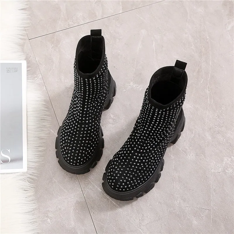 Women's Winter Boots Rhinestone Women Platform Boot  Fashion Stretch Warm Thick Sole Ladies Chunky Shoes Big Size