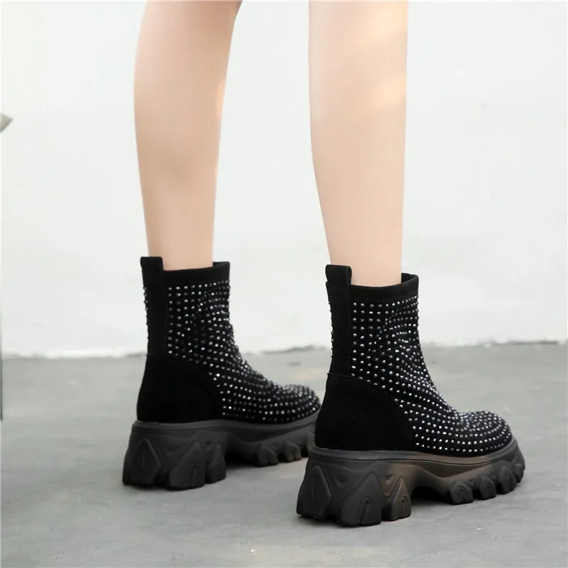 Women's Winter Boots Rhinestone Women Platform Boot  Fashion Stretch Warm Thick Sole Ladies Chunky Shoes Big Size