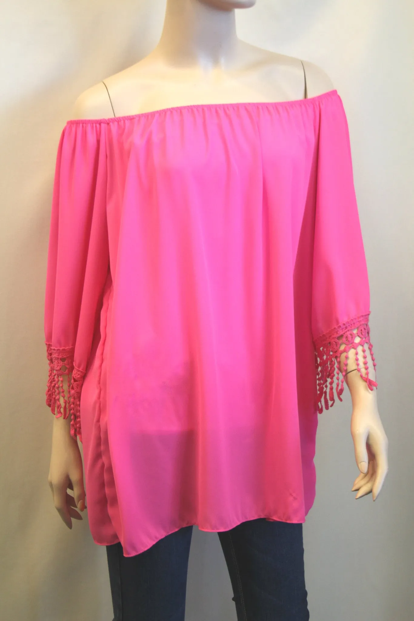 Yahada | Off The Shoulder Tunic with Crochet Fringe Fuchsia