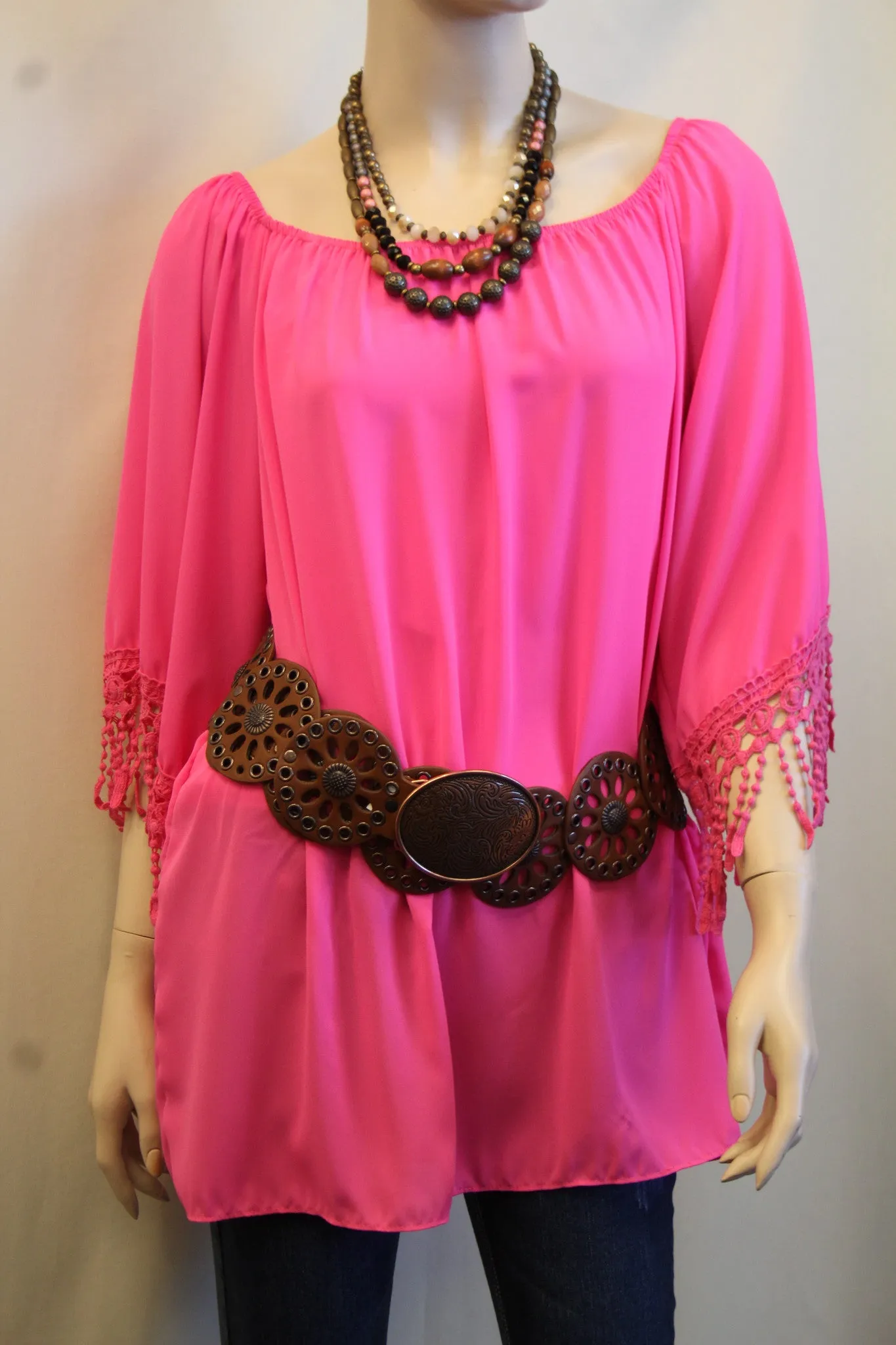Yahada | Off The Shoulder Tunic with Crochet Fringe Fuchsia