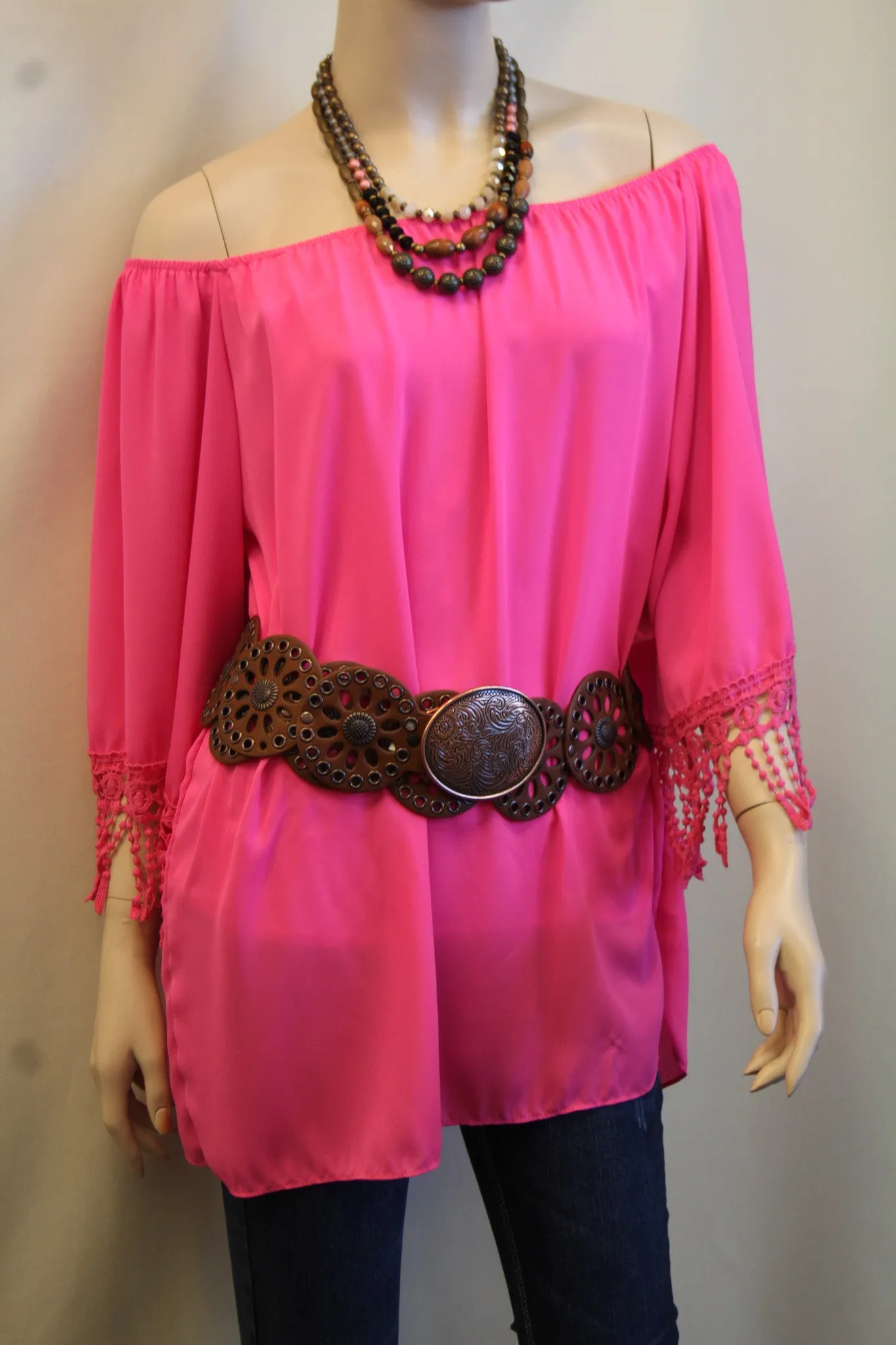 Yahada | Off The Shoulder Tunic with Crochet Fringe Fuchsia