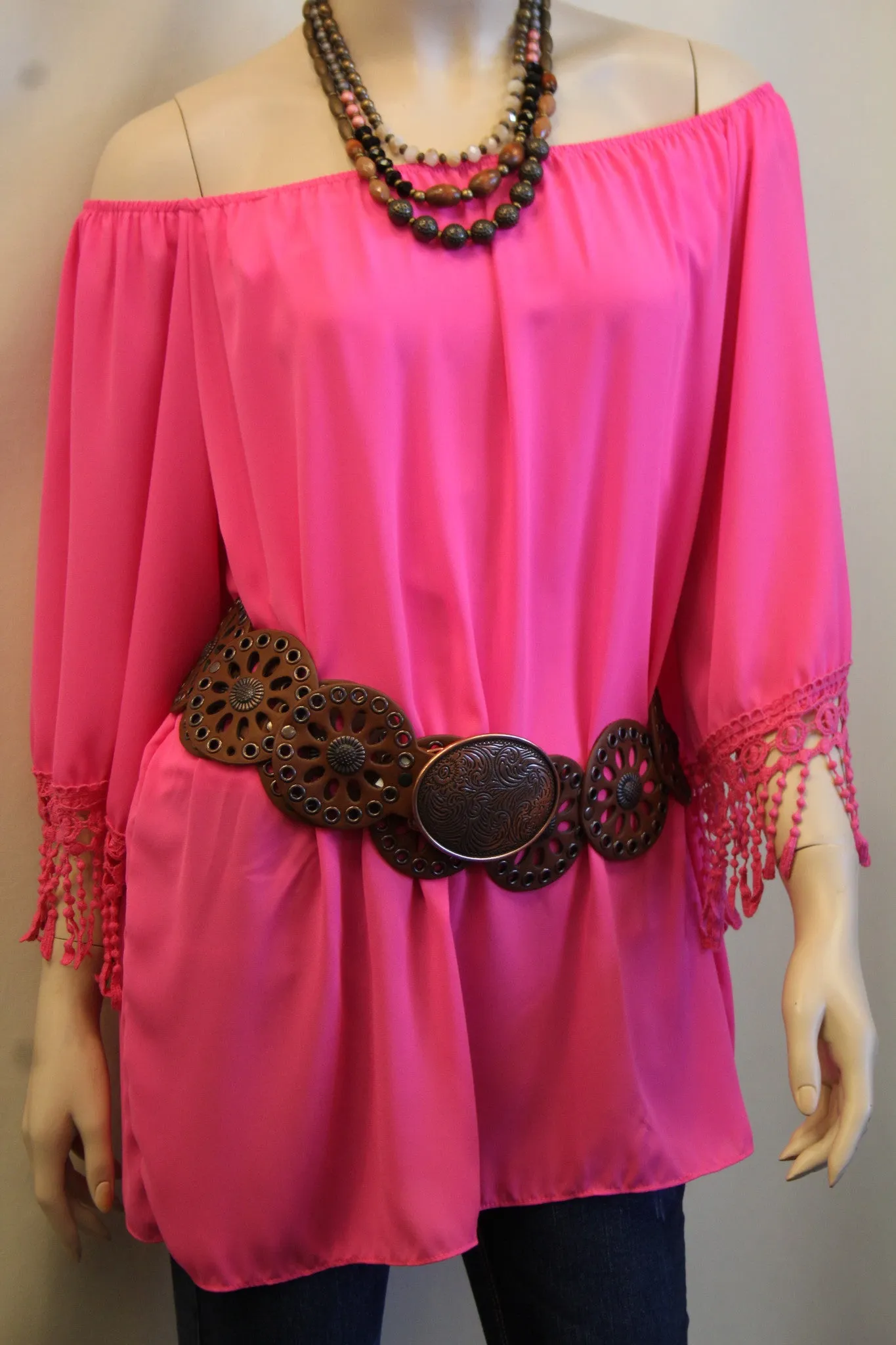 Yahada | Off The Shoulder Tunic with Crochet Fringe Fuchsia